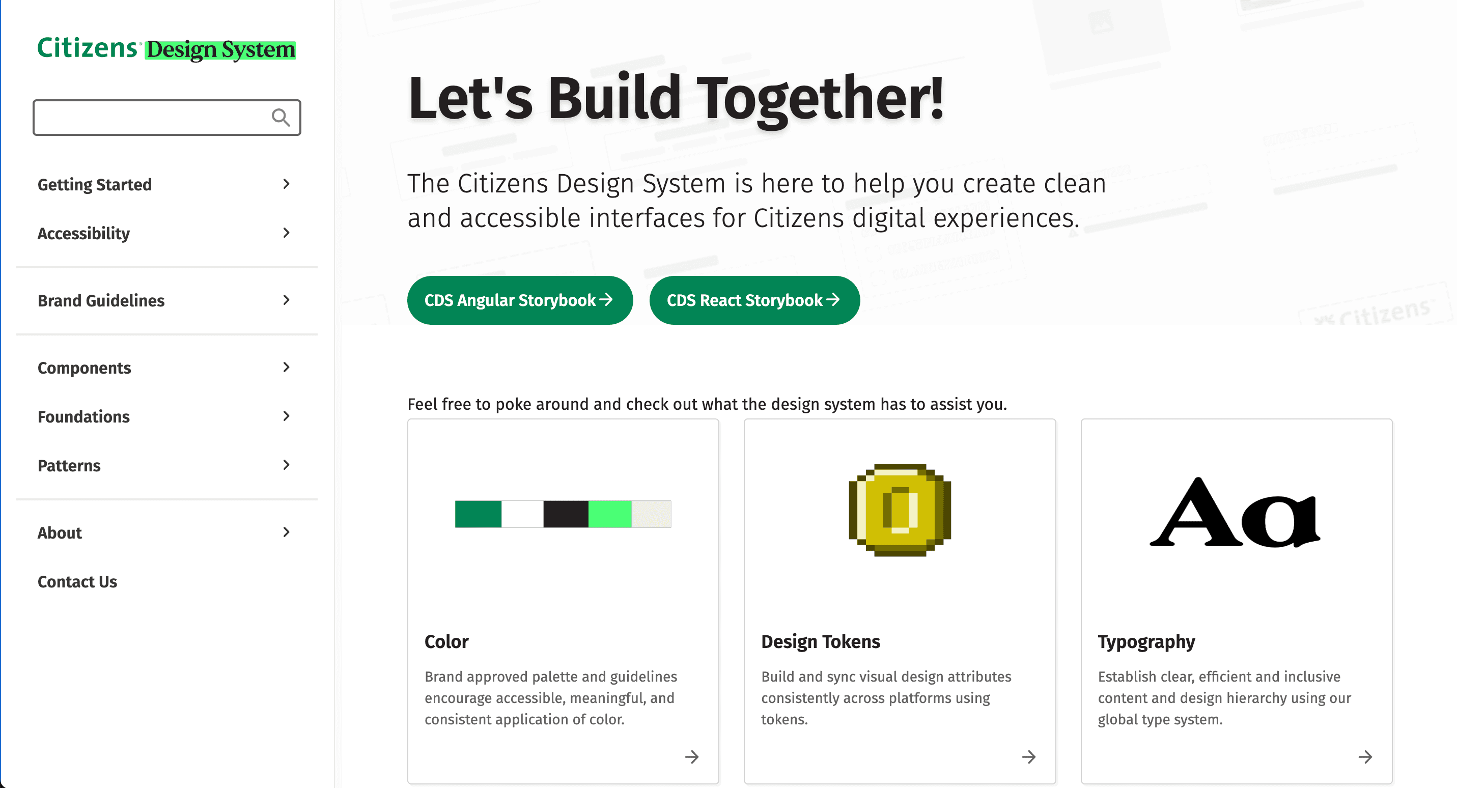Citizens Design System home page: side navigation for Designing, Developing, Brand, Foundations, Components and Patterns, a green hero describing CBDS, and Start Designing and Start Developing buttons.