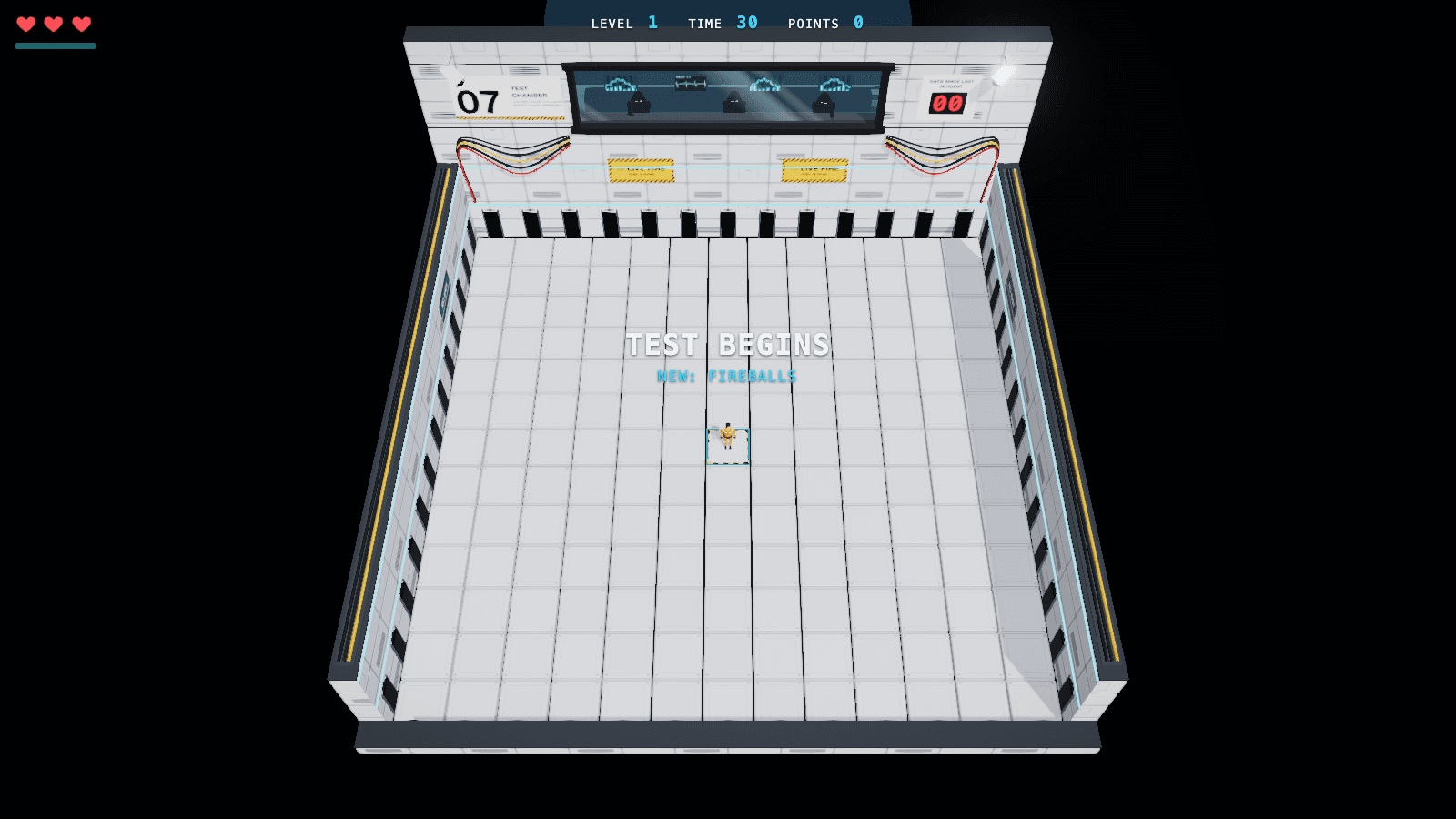 Survive at the start of level 1: the player stands in the middle of a white-tiled test chamber under the banner “Test begins. New: fireballs”, with hearts at top left and the level, time and points counters at the top.