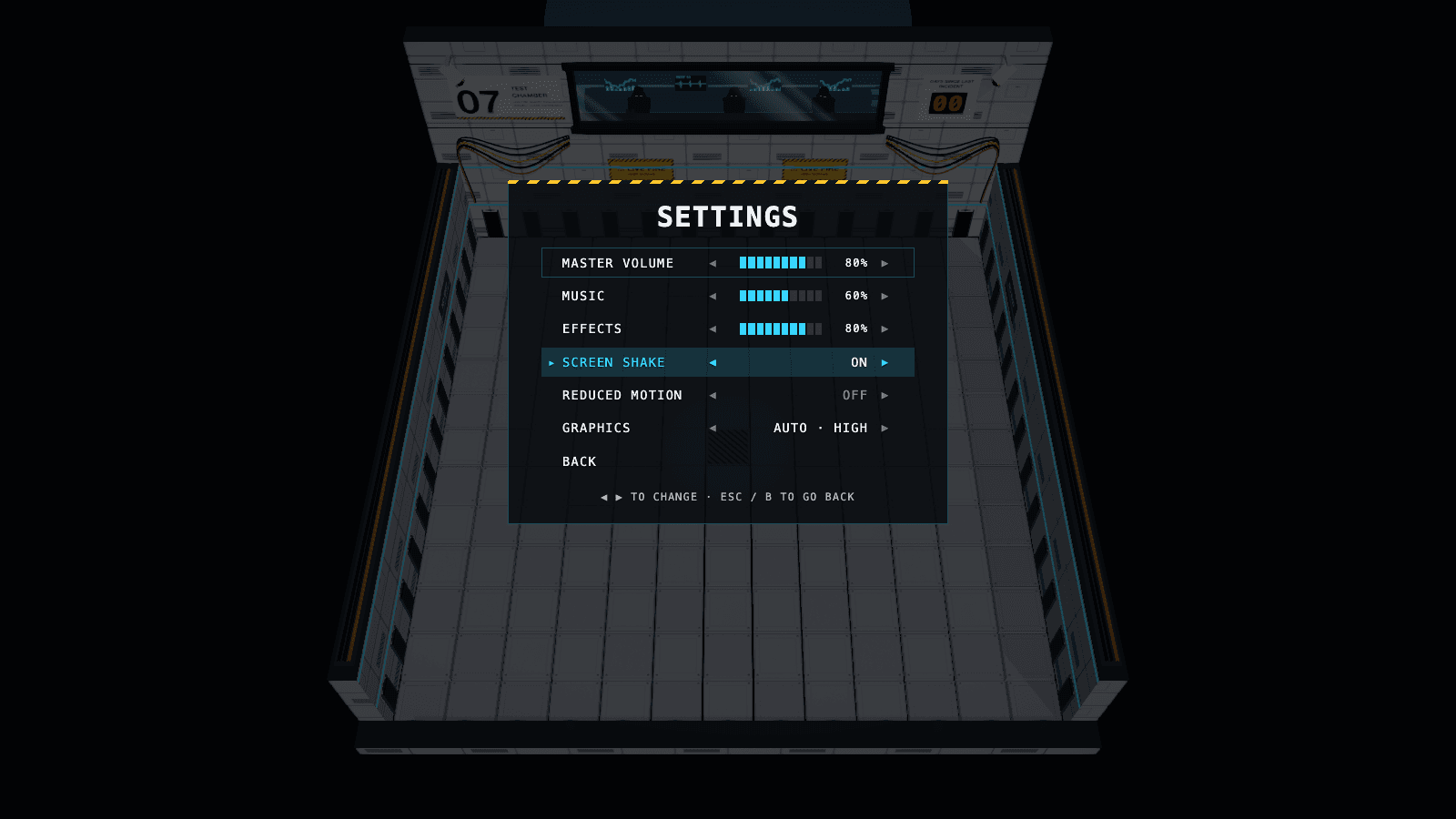 Survive settings menu over the test chamber, with sliders for master, music and effects volume and options for screen shake, reduced motion and graphics.