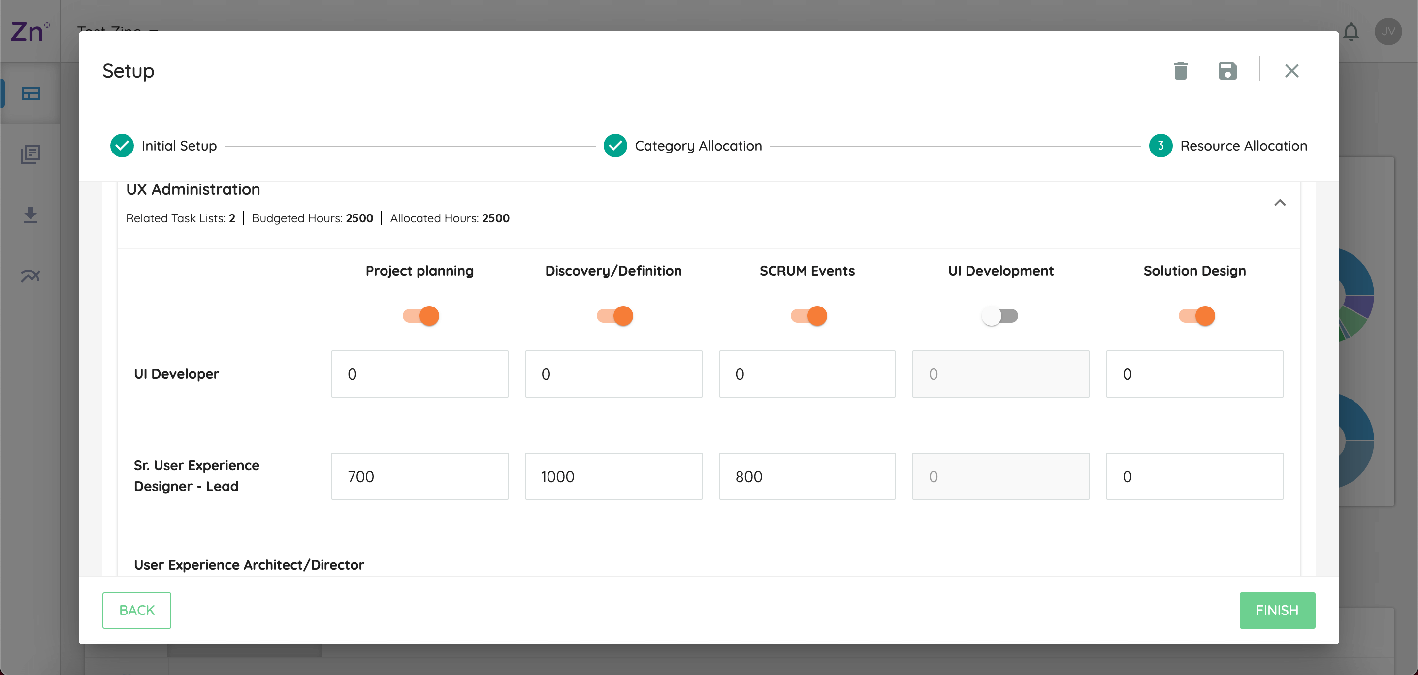 Zinc setup wizard on its Resource Allocation step, with per-role hour fields for categories such as project planning, discovery, and solution design.